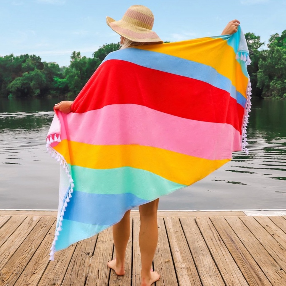 Packed Party 35x70” Rainbow Waves Tassel Fringed Oversized Beach Pool Towel NWT
